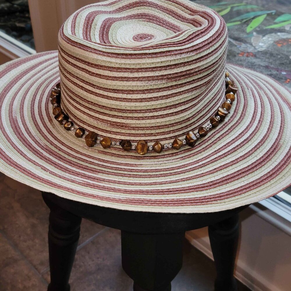 Mazzanti Red Striped Wide Brim Hat with Amber Beaded Chain - Picture 2 of 3
